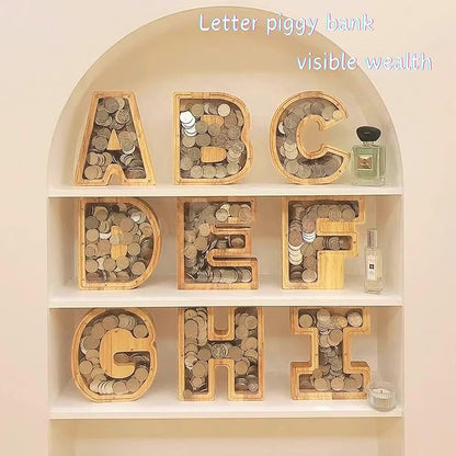 Wooden Alphabet Piggy Bank Clear Acrylic Panel Coin Savings Box Personalized Money Bank for Kids Boys Girls Adults, Birthday Home Décor(H)
