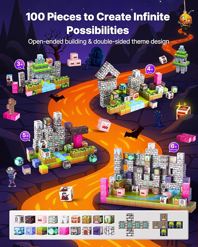 VEVOR Magnetic Blocks, 100 PCS Cemetery Zombies Set, Magnetic Building Cubes for Kids, STEM Montessori Sensory Toys for Christmas Birthday Gift, Construction Stacking Toy for 3+ Years Old Boys & Girls