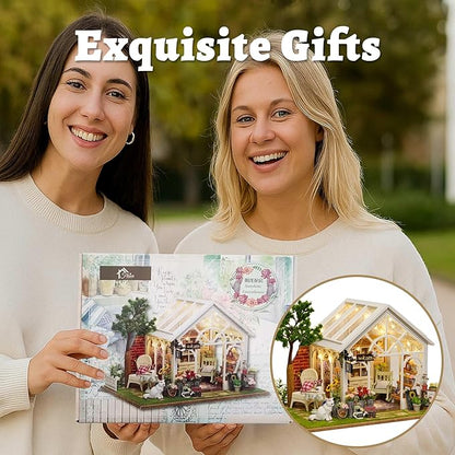 Flever DIY Miniature House Kit, Tiny Home Kit with LED Light, Mini House Build Craft Kits for Adults and Teens, Home Decor Creative Gift for Family/Friends (Sunshine Greenhouse)