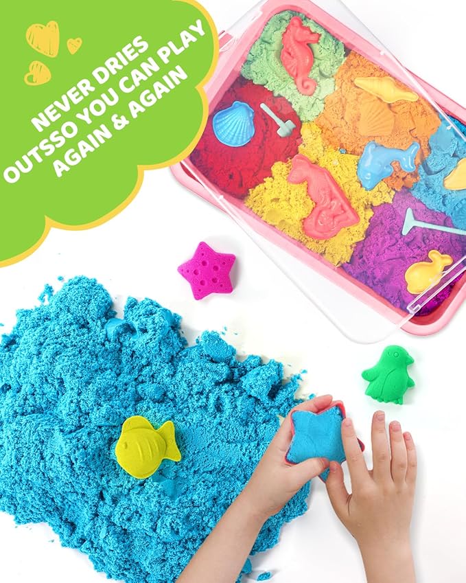 Play Sand with Sensory Bin Toy for Kids, 8 lb of 7 Colored Bulk Magic Sand with Sandbox for Toddlers, Sensory Sand Kit for Boys and Girls Age 3-8 (Pink)