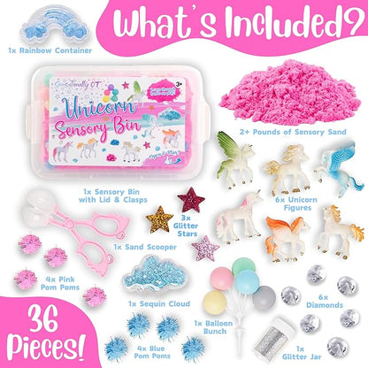 Premium 38 PCS Unicorn Sensory Sand Bin-2 lb Magic Sand, Sensory Bin for Toddlers & Sand Scooper-Count Sparkly Pom-Poms, Bring Unicorns to Life - Ideal Gift for Kids
