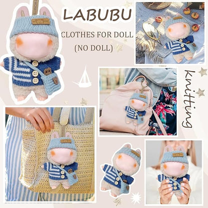 Clothes for 17cm Dolls Accessories Crochet 3 Piece Set Outfits for Doll(Blue Sweater)