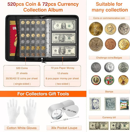 Coin Collection Book with 520 Pockets Coin Holders, Coin Albums for Collectors Coin Sleeves-Paper Money Binder Organizer Coins Storage Case with Lock,Collecting Coin Collection Supplies for Bill,Stamp