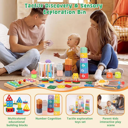 Montessori Baby Toys 6-12 Months Sensory Boxes & Teethers. 6-in-1 Stacking Blocks with Crab Design. Shape Sorting & Sensory Toys for 6-36 Months Babies.