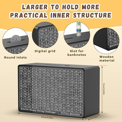 Wooden Money Saving Box, Cash Vault Savings Box for $10000 $5000 $3000 $1000 $800 $500 Target Money Saving Challenge, Reusable Money Box with Counter, Dry Erase Pen/Savings Trackers/Rubber Band-Black