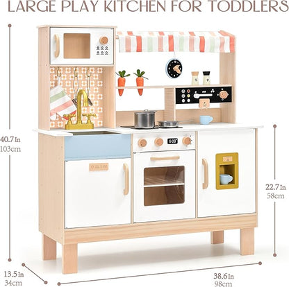 PairPear Wooden Play Kitchen for Kids, Pretend Play Toy Kitchen Set Coffee Maker, Ice Maker & Toy Food Accessories, Toddler Play Kitchen Gift for 3 Yeard and Up