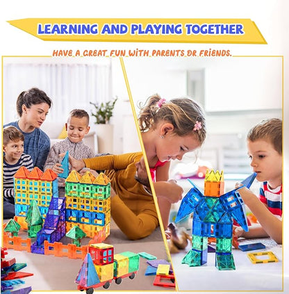 Magnetic Tiles - 104 Pieces Magnetic Blocks for Kids, Magnet Tiles Building Blocks Set with 2 Cars, Construction STEM Toys Gift for Kids Boys 3 4 5 6 7 8 9+ Year Old
