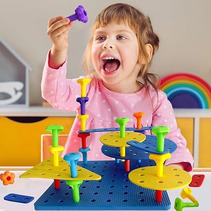 Counting Peg Board for Kids - Toddler Stacking Toys - 65 Pcs DIY Building Set Large Foam Board & Occupational Therapy Toys, Color Sorting & Lacing Toy , Montessori Tools, Peg Puzzles for Toddlers 1-3