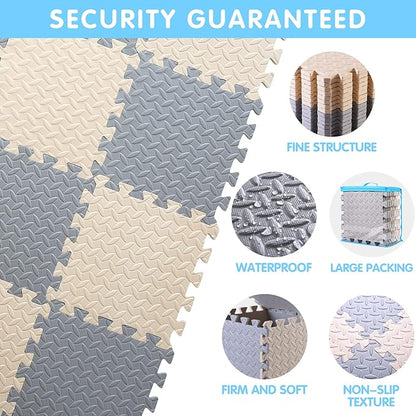 16 Tiles Foam Play Mat for Baby, Soft & Safe EVA Foam Mats for Floor, Square Baby Play Mat, Solid Colored Kids Foam Puzzle Floor Mat, 47x47 Play Mat for Playpen(Beige/Gray)