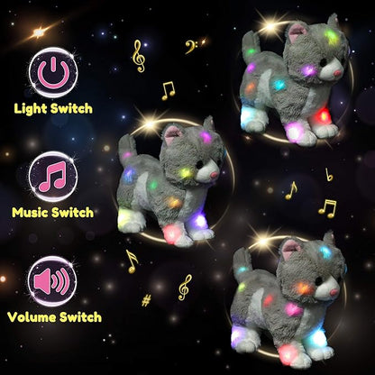 Hopearl LED Musical Stuffed Kitty Light up Singing Plush Cat Adjustable Volume Lullaby Animated Soothe Birthday Gifts for Kids Toddler Girls, Grey, 13.5''