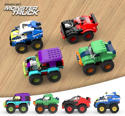 4 Pack Monster Truck Micro Brick Building Blocks Set, Pull Back Car Toy Vehicles Set, Birthday Party Favor or Gift for Teens Ages 8+ Kids