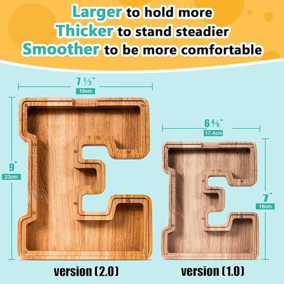 SummiDate Wooden Letter Piggy Bank for Kids| Piggy Bank for Boys Girls Toddler| Alphabet E Money Bank| Wood Coin Bank Personalized Birthday Easter Gift for Kids (E)