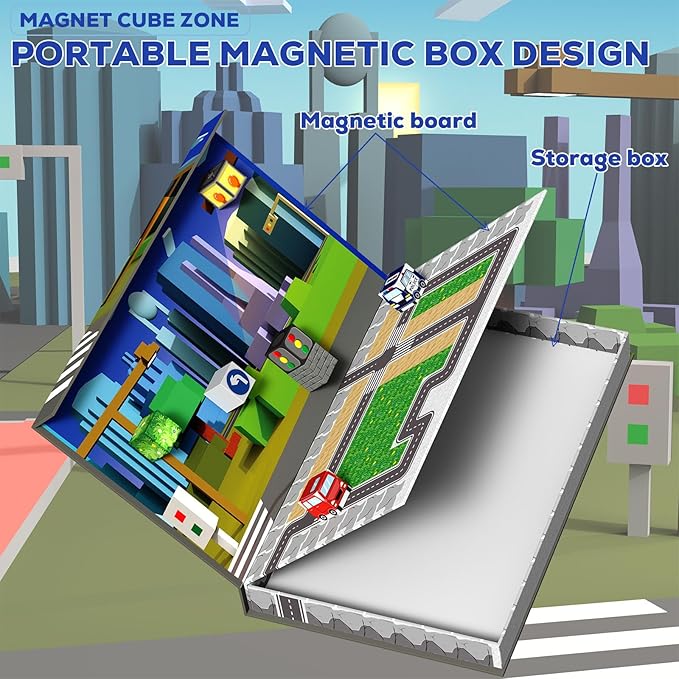 3D Magnetic Blocks 100 Pieces for Kids Magnet Cubes, Sensory Construction Building Toys for Toddlers, Magnetic Tiles City Road Cars Stacking Toys Games for Ages 3-12