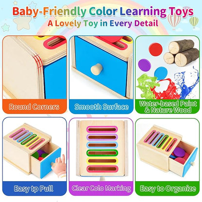 FCSONU Toddlers Montessori Coin Box Toys for 1 2 3 Year Old Boys Girls, Drawer Box Toy for Ages 2-4 Kids, Learning Color Sorting Sensory Toys, New Year Birthday for Baby 12-18 Months