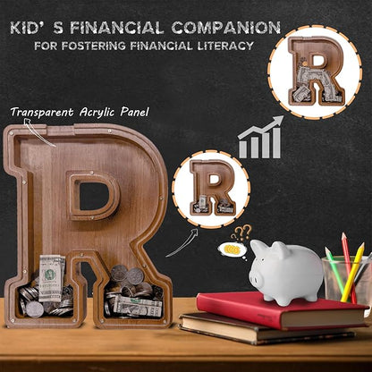 Wooden Letter Piggy Bank for Kids Larger Letter Piggy Bank for Boys and Girls Personalized Piggy Bank Initial Coin Bank Wood Kids Money Bank for Birthday and Festival