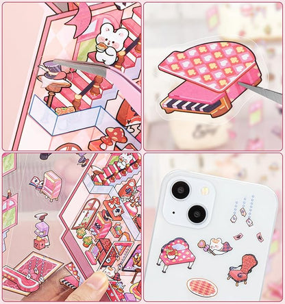 DIY 3D House Stickers, 4 Sets Fun DIY Stickers Scene Make Your Own Mini House Cute Cartoon Animal Scene Stickers for Kids Adult Sticker Art Relief Stress Pass The Time-Large Size