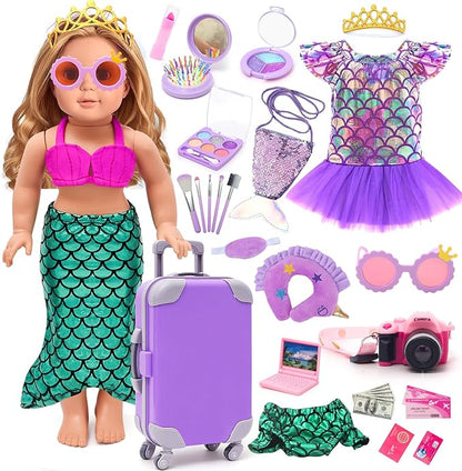 American 18 Inch Doll Makeup Accessories and Travel Set Mermaid, Including Purple Suitcase Luggage Dress Eye Shadow Lipstick Eyelash Brush Dolls Travel Gear Play Set Gift for Birthday (NO Doll)