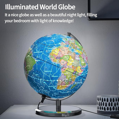 Illuminated World Globe with Stand, 9" Earth Globes with Stable Heavy Metal Base for Kids Classroom Learning, LED Constellation Globe Night Light with HD Printed Map