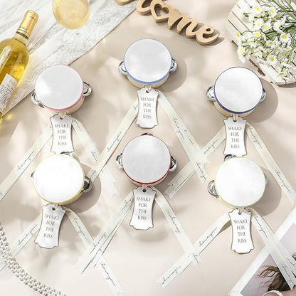 24 Set 4 Inch Tambourine for Adults Wooden Hand Held Drum with Metal Jingles, Gift Tags, White I Love You Printed Ribbon Percussion Gift Musical Instrument for Church Wedding Party(Colorful)