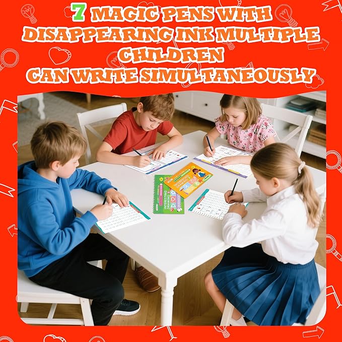 Magic Grooved Writing Practice for Kids Ages 3-8, Reusable Grooved Handwriting Workbooks, Large Writing Practice Books, Kindergarten Workbooks 10.24 * 7.29in(7 Books+Pens)