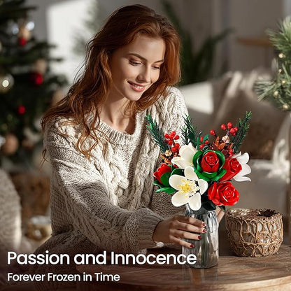 iATOM Christmas Rose Bouquet Building Set, Artificial Flowers Botanical Collection for Adults - Gift for Christmas & Valentines Day - Home Office Table Centerpiece Decor - 11012