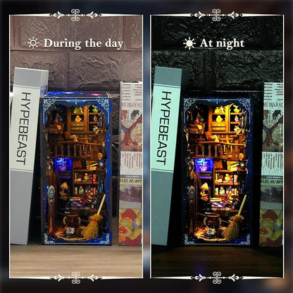 DIY Book Nook Kit Wooden Miniature Magic Potion House Kit 3D Wooden Bookends Miniature House Book Nook Kit for Adults Bookshelf Insert Decor with LED Lights Wood Crafts