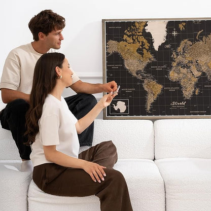 Canvas World Map with Cork Pin Board - English Lettering - Decorative Wall Decoration for All Rooms - Canvas Pictures with World Map Motif (90x60 cm, Pattern 5)