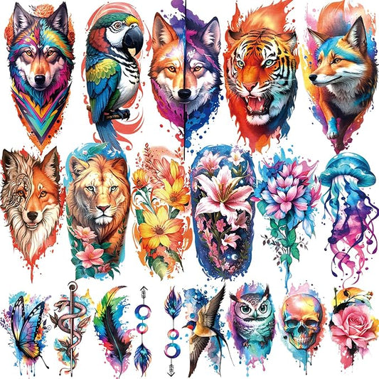 77 Sheets Temporary Tattoo, 17 Sheets Half Arm Flower Lion Tiger Cat Owl Parrot Fake Tattoos for Adults Shoulder Neck, 60 Sheets Tiny Waterproof Temporary Tattoos Realistic for Women Girls and Kids