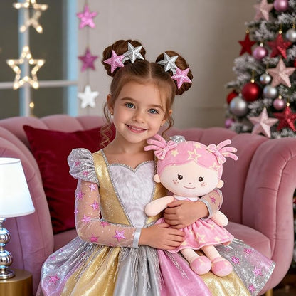 Onetoo First Baby Doll Plush Baby Girls Dolls Rag Doll Soft Baby Doll for Girls Sleeping Cuddle Buddy Doll Wear Star Pink Sleeveless Dress 14"