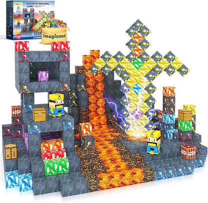 100PCS Magnetic Blocks - Build Mine Magnet World Mine Sword Adventure Set, Building Toys Classroom Must Haves Learning Sensory Toys for 3 4 5 6 7 8 Toddlers Kids Games Birthday Gifts for Boys & Girls