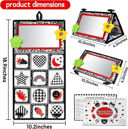 Dr.Rapeti Tummy Time Floor Mirror for Baby Infant Toddler Kids Black and White High Contrast Baby Toy with Teethers Floor Activity Toy Washable Non-Toxic
