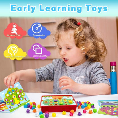 Button Art Toys for Toddlers, Color Matching Mosaic Pegboard for Age 3-5,Early Preschool Learning Activity Button Crafts Educational Toys, Fine Motor Skills Game, Gifts for Boys & Girls 3+