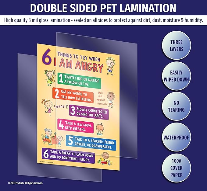 ZOCO – 6 Anger Control Strategies Posters (10-Pack) – Calm Down and Manage Emotions for Toddlers – Classroom Behavior Management for Preschool, Daycare, and Homeschool – Made in USA