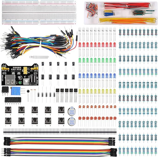 480pcs 37 Values Electronics Component Fun Kit with Power Supply Module, Jumper Wire, 830 tie-Points Breadboard, Precision Potentiometer, Resistor