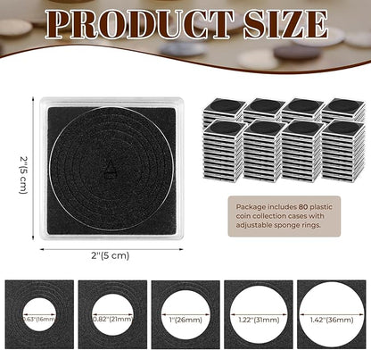 80 Pcs Adjustable Acrylic Coin Collection Cases with Sponges, Coin Snap Holder, Silver Dollar Protection Cases for Collectors, Coin Dollar Collection Supplies for Small to Medium Coins (16mm-36mm)