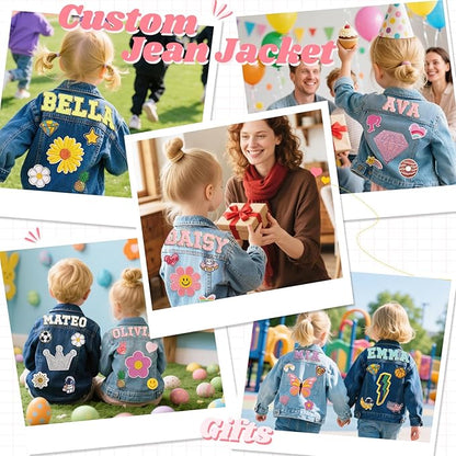 Personalized Jean Jacket for Kids with Name Patches - Custom Toddler Girls Boys Denim Jacket - Spring Fall Clothes - Birthday Christmas Gifts for Children 1-8