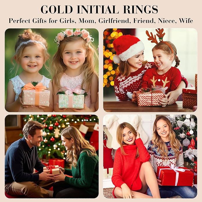 Gold Initial Rings for Women Girls - 18K Gold Plated Adjustable Letter A-Z Initial Ring Dainty Heart Zirconia Rings for Women Teen Girl Gifts