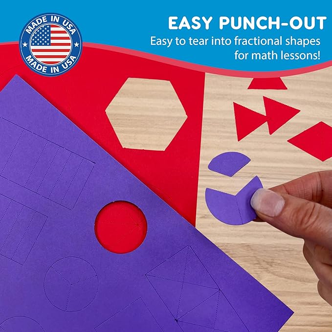 384 Pieces MATHshapes Fractional Math Manipulative Shapes Easy-Punch-Out Easy-to-Separate Paper Shape Cutouts in 8 Bright Colors US Made Card Stock Ideal for Learning Fractions, Measurements, and More