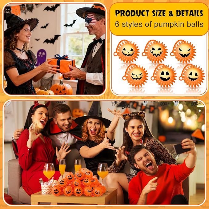Sotiff 30 Pcs LED Halloween Pumpkin Stress Bouncy Light up Balls Spiky Squeaky Rubber Sensory Ball for Halloween Holiday Decors Gift Bag Stuffers Party Favor Fillers