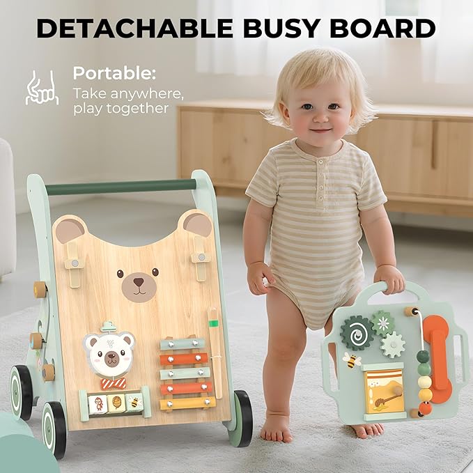 Wooden Baby Walker, Adjustable Speed Baby Push Walker for 1 Year Old, 10-in-1 Montessori Walker for Boys & Girls, Toddler Sit-to-Stand Learning Toy with Detachable Busy Board