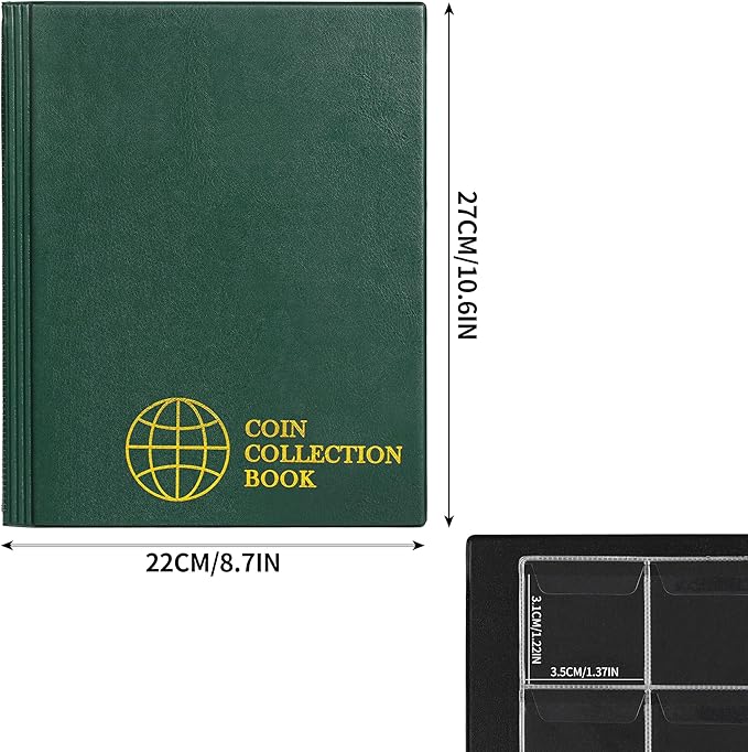 350 Pockets Coin Albums - 35x30 mm/1.3x1.1 inch Pocket Green Coin Book 10 Pages Coin Collection Holder Letter Size Coin Storage Book CS0235GR