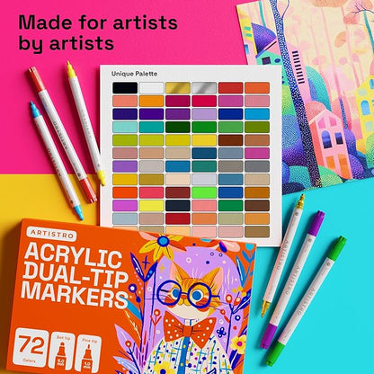 ARTISTRO 72 Acrylic Paint Markers for Rock, Fabric, Wood, Glass, Craft, Decoration - Dual-Tip Paint Pens - Stocking Stuffers, Christmas Gift Idea for Teens, Grandkids, Kids - Art Supplies