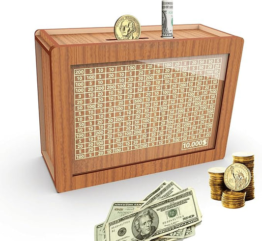 Piggy Bank for Adults Kids, Wooden Mony Bank Cash Vault Money Saving Box with Counter $10000 Savings Challenge Money Bank with Money Target and Numbers (Brown $10000)