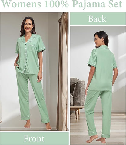 CF Womens 100% Cotton Pajamas Set Button Down Pjs Sets Short Sleeve Top & Long Pants Sleepwear Comfy Loungewear with Pockets