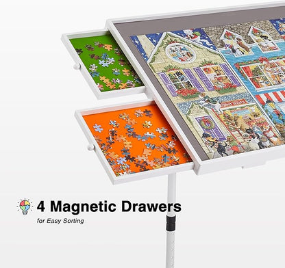 1000 Piece Jigsaw Puzzle Board Table with Drawers and Cover for Adults, Puzzle Board with Adjustable Angle and Height, Movable Puzzle Table with Legs, 30''x22'' Board with Storage