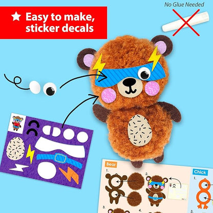 KRAFUN Easy Pom Pom Craft Kit for Kids, 8 Animal Crafts (Bear, Bunny, Panda), Felt Stickers, Instructions, Creative DIY Set for Girls and Boys, Educational Toy