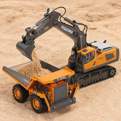 HuiJuKeJi Remote Control Dump Truck - 360° Rotating Metal Bed, 9-Channel RC Construction Toy for Indoor Outdoor Play, Rechargeable with Lights & Sounds, for Kids Ages 6+