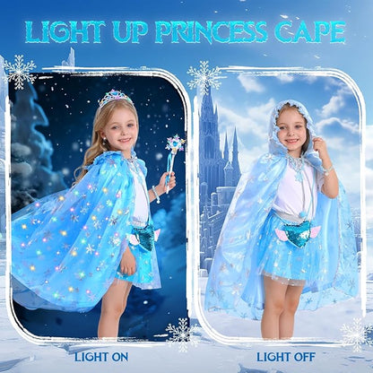 VGOFUN Princess Dress Up for Girls,10 PCS Light Up Princess Cape Set Toddler Dress Up Clothes Princess Costume Toys with Light Up Tiara Wand Halloween Christmas Birthday Gift for 3,4,5,6,7,8 Years