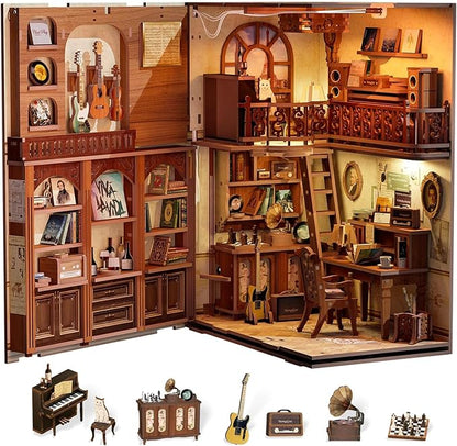 Fsolis Book Nook Kit Music, DIY Miniature Room House Kit 3D Wooden Puzzles for Adult Decorative Bookend Bookshelf Nook Decor Gifts for Women Teens and Book Lovers(The Secret Rythm)