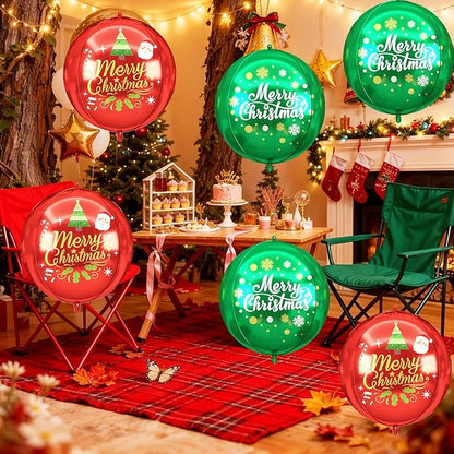 Xmas Foil Balloons Red Green Merry Christmas Printed, 6 Pcs Xmas Round Balloons, 22 Inch Big Round Foil Balloon For Christmas Party Decorations